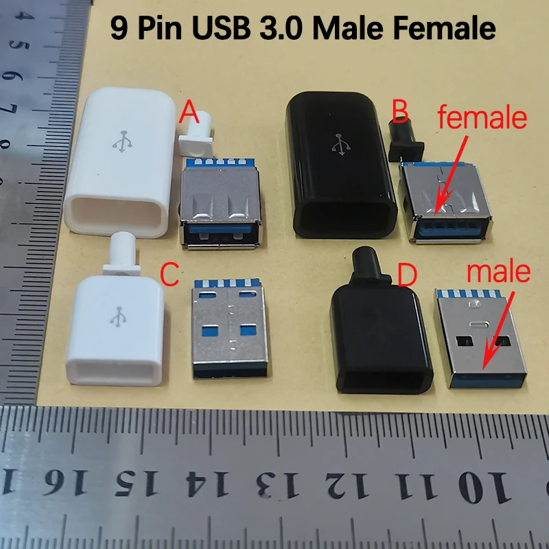 

1-3PCS USB3.0 Male Plug Female Socket Solder Wire 9P Male Female USB Connector 9Pin for DIY USB Data Charging Cable Black White