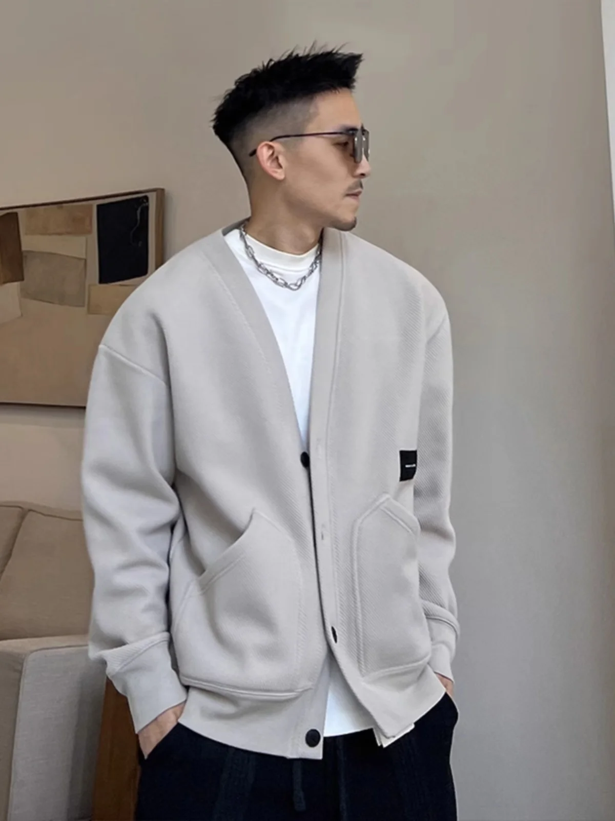 

Мужской кардиган свободного кроя с длинными рукавами и V-образным вырезом, модный универсальный открытый кардиган на весну-осень, верхняя одежда для молодежи