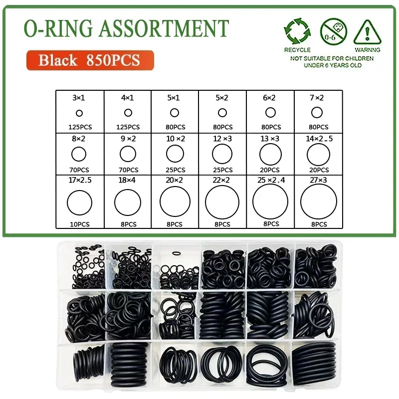 

850Pcs NBR Nitrile Rubber Sealing O Rings Black CS 1mm-4mm OD 3mm-27mm Sealing Gasket Kit for Automotive Plumbing Industrial Use