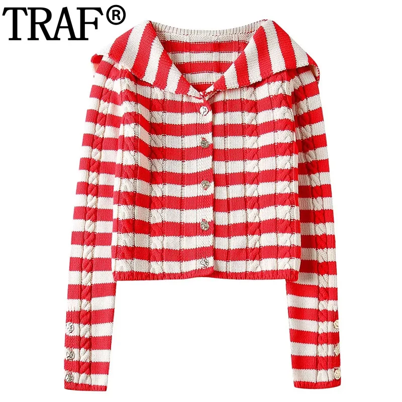 TRAF Cable Knitted Cardigan For Women Red Striped Knit Cardigan Woman Long Sleeve Cropped Sweaters Spring Button Short Cardigan