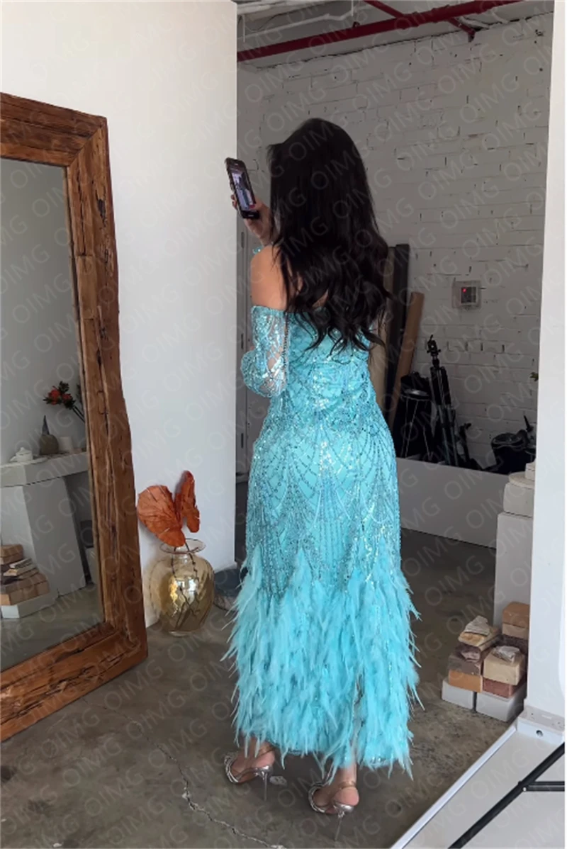 OIMG Blue Shiny Sequins Long Sleeves Formal Party Dresses Feather Spakrly Dubai Evening Gowns Night Club Dress Robe de soiree