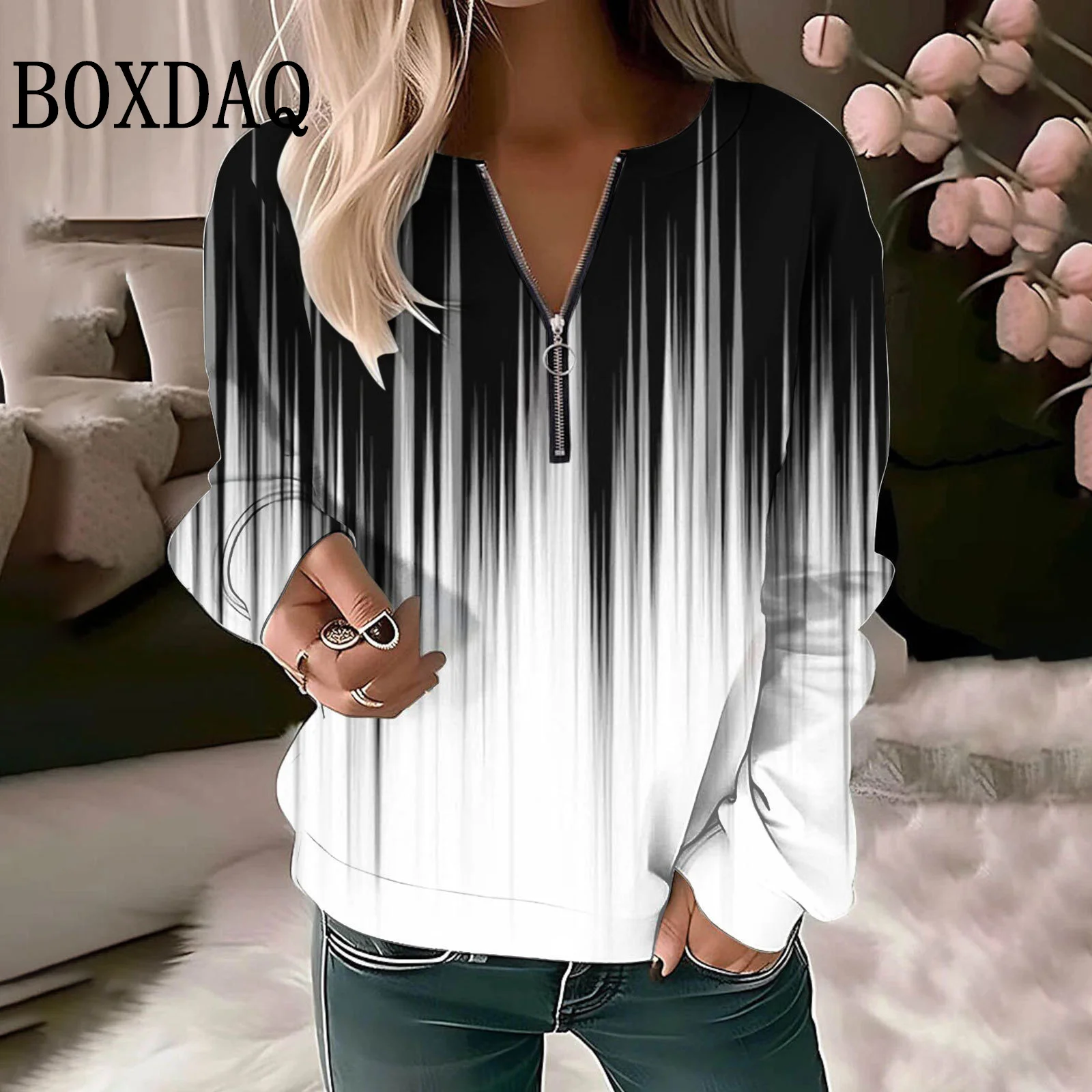 

Толстовки с длинными рукавами с градиентным принтом, осень-зима, модные женские пуловеры на молнии с v-образным вырезом, женские топы, повседневные спортивные толстовки