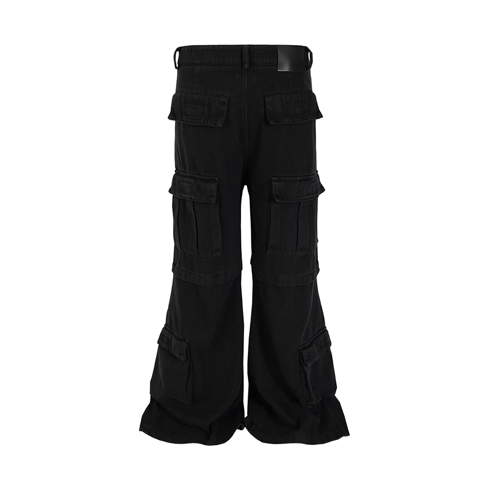 High Street Multi-pockets Washed Black Cargo Pants Mens Straight Pleated Casual Baggy Overalls Oversized Loose Casual Trousers