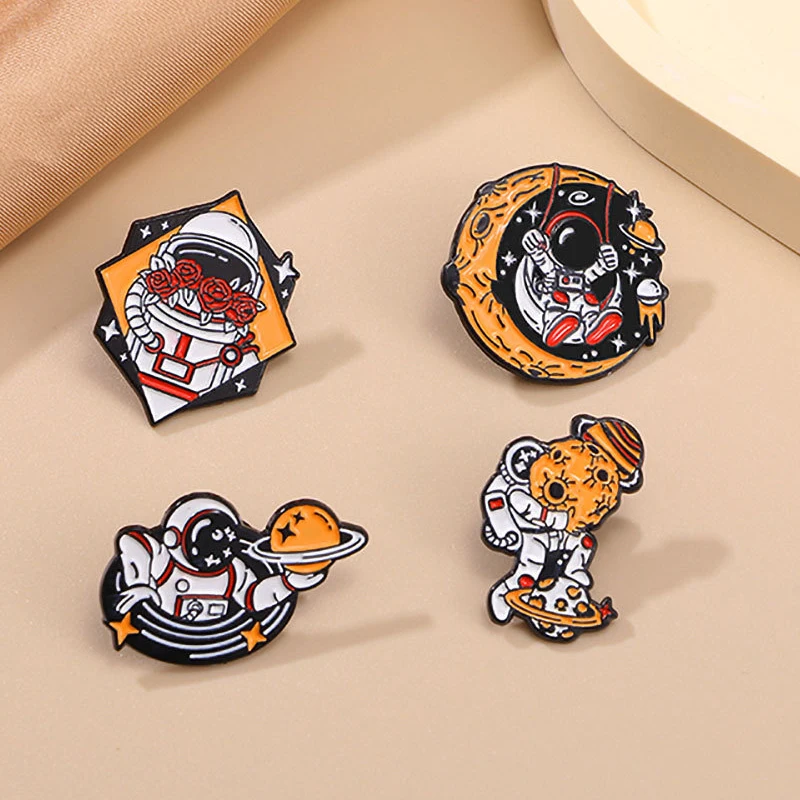 Astronaut Collection Hard Enamel Brooches Spaceman With Moon Swing Flower Lapel Pins For Space Enthusiasts Gift