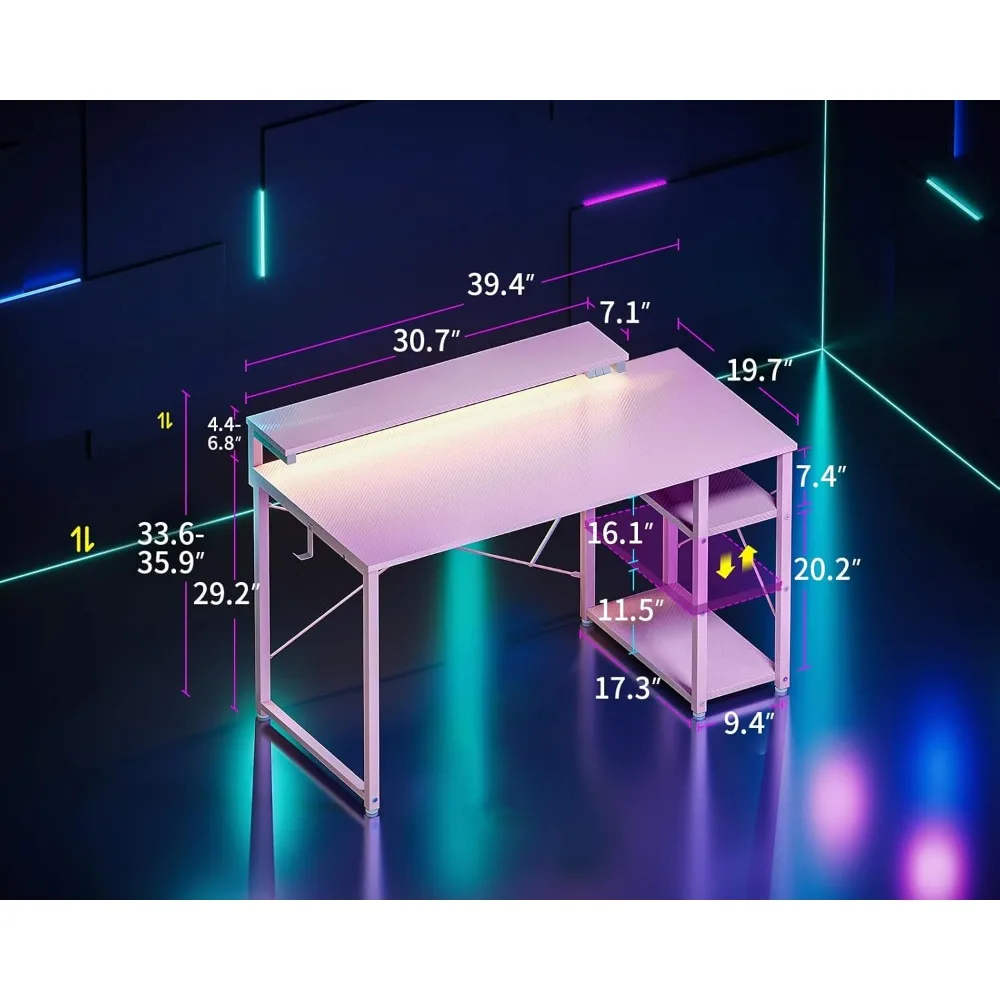 Mesa de jogos pequena de 40 polegadas com armazenamento e luzes LED, mesa de computador com prateleira, mesa de jogador reversível com ajustável