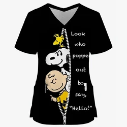 T-shirt Snoopy Summer Women Cartoon Dog Snoopy Shirts Tops Pocket Woman Nurse Uniform Clothes V Neck T-shirts Hospital