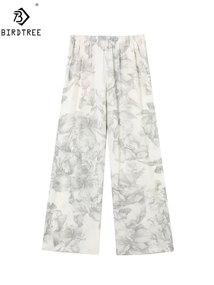 

BirdTree, 100%Real Silk Elegant Wide Leg Pants, Women Ink Flower, Retro Commute Casual Loose Pants , 2024 Summer New B46225QM