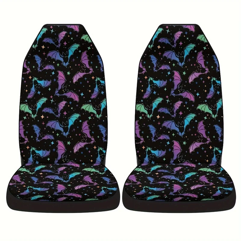A Set of Two Colorful Bat Print Car Seat Covers Suitable for Most Vehicle Models, Perfect As a Halloween Gift