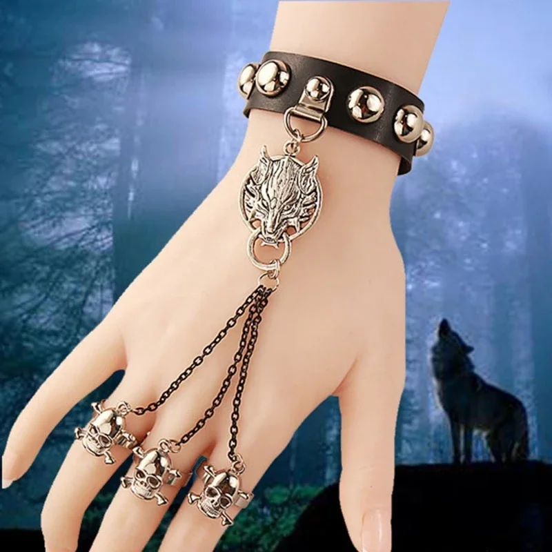 Chic Fashion Jewelry Gothic Skull Wolf Hand Chains Leather Bracelet Fingers Ring Bracelet for Women