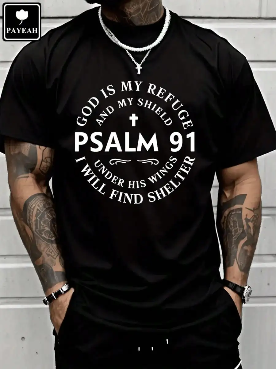 God Ls My Refuge Print Tees Men Casual Short Sleeve- Shirt Summer% Heavy Cotton Shirt