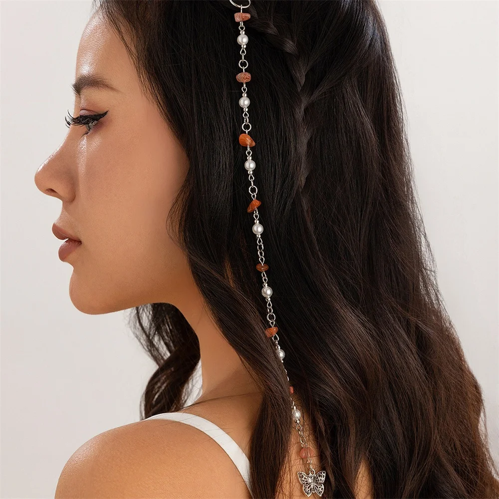 Long Chain Stone Beaded Alloy Braid Hair Ring Dreadlock Hair Ring for Women Butterfly Moon Pendant Hair Jewelry for Braids Gifts