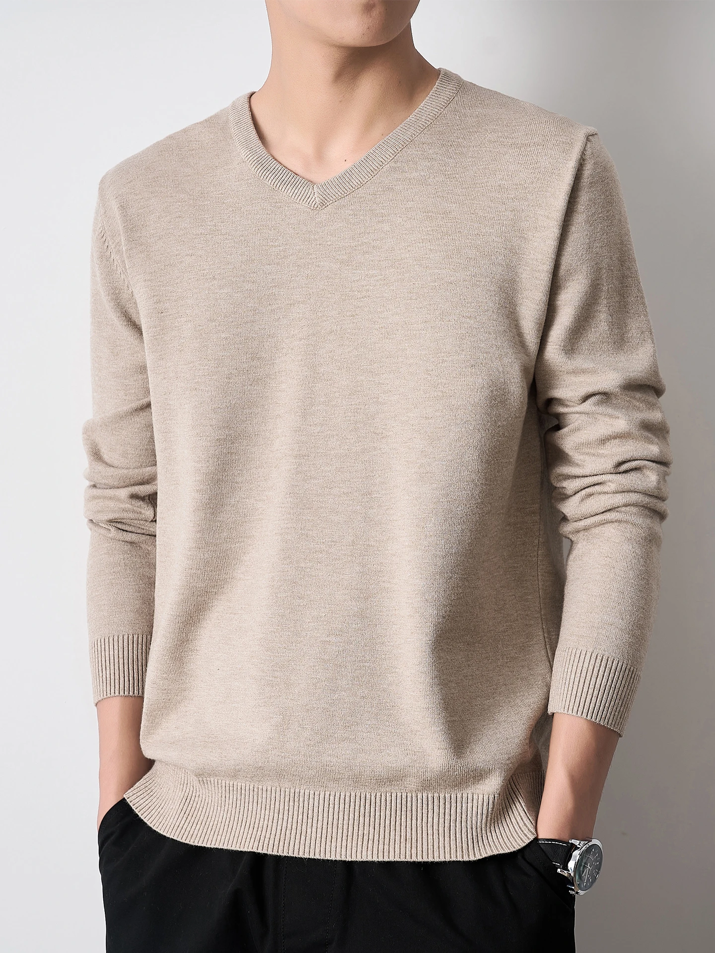 

Мужской вязаный свитер V-Ne Fce-Lined Long Sve Base irt Color Chien Heart Ne Warmth Youthful Sle Осенний ...