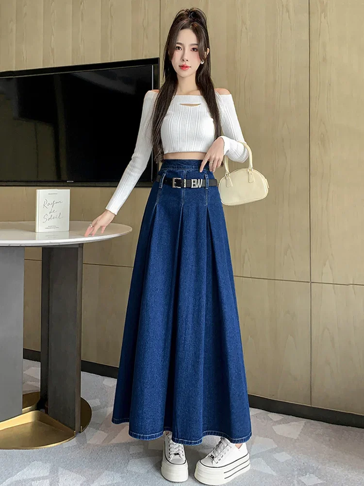 New Women Spring Summer Long Denim Skirt Fashion Vintage High Waist A-Line Skirt Casual Simplicity Blue Denim Skirt