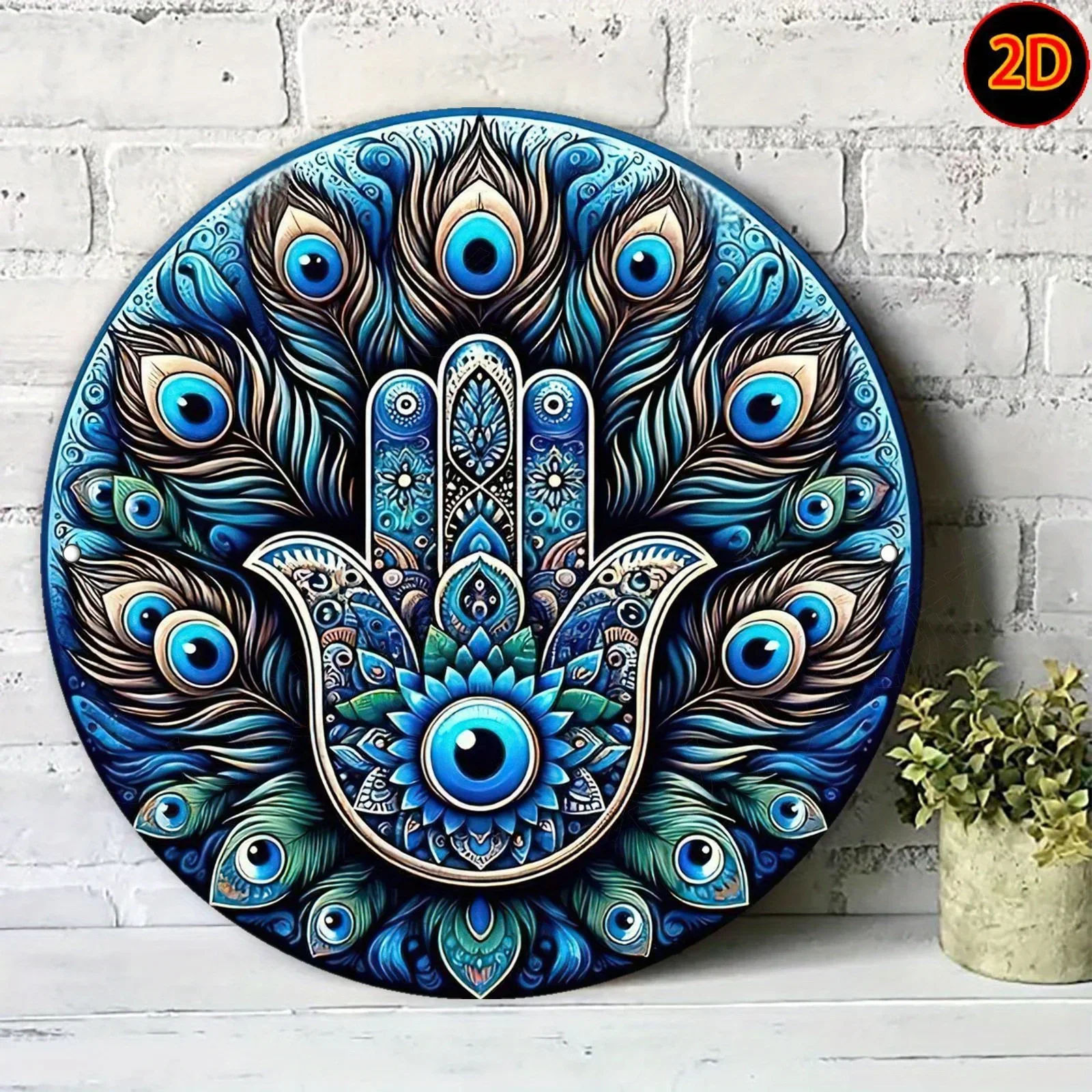 Alumahand Vintage Hamsa Hand Wall Art, Blue Turquoise Peacock Feather Metal Decor, Durable Aluminum Spiritual Protection Plaque