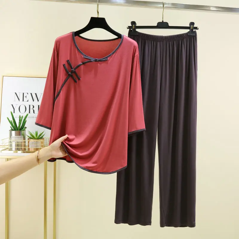 Modal Chinese traditional knot button Pajamas set women Loose Homewear 2pcs suit Half sleeve Tshirts and wide leg pant Plus size