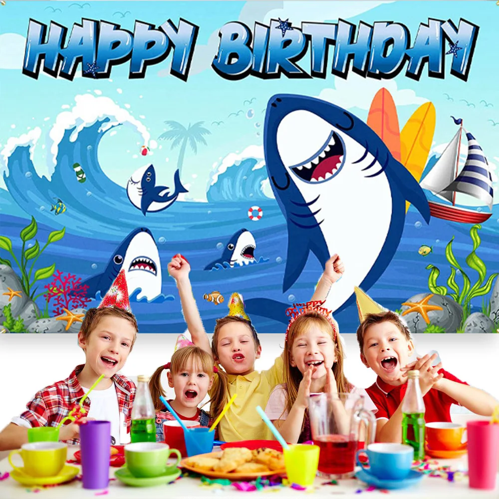 Sea Shark Themed Birthday Background Underwater World Sea Wave Child Birthday Party Decoration Banner Boy Photography Backdrops