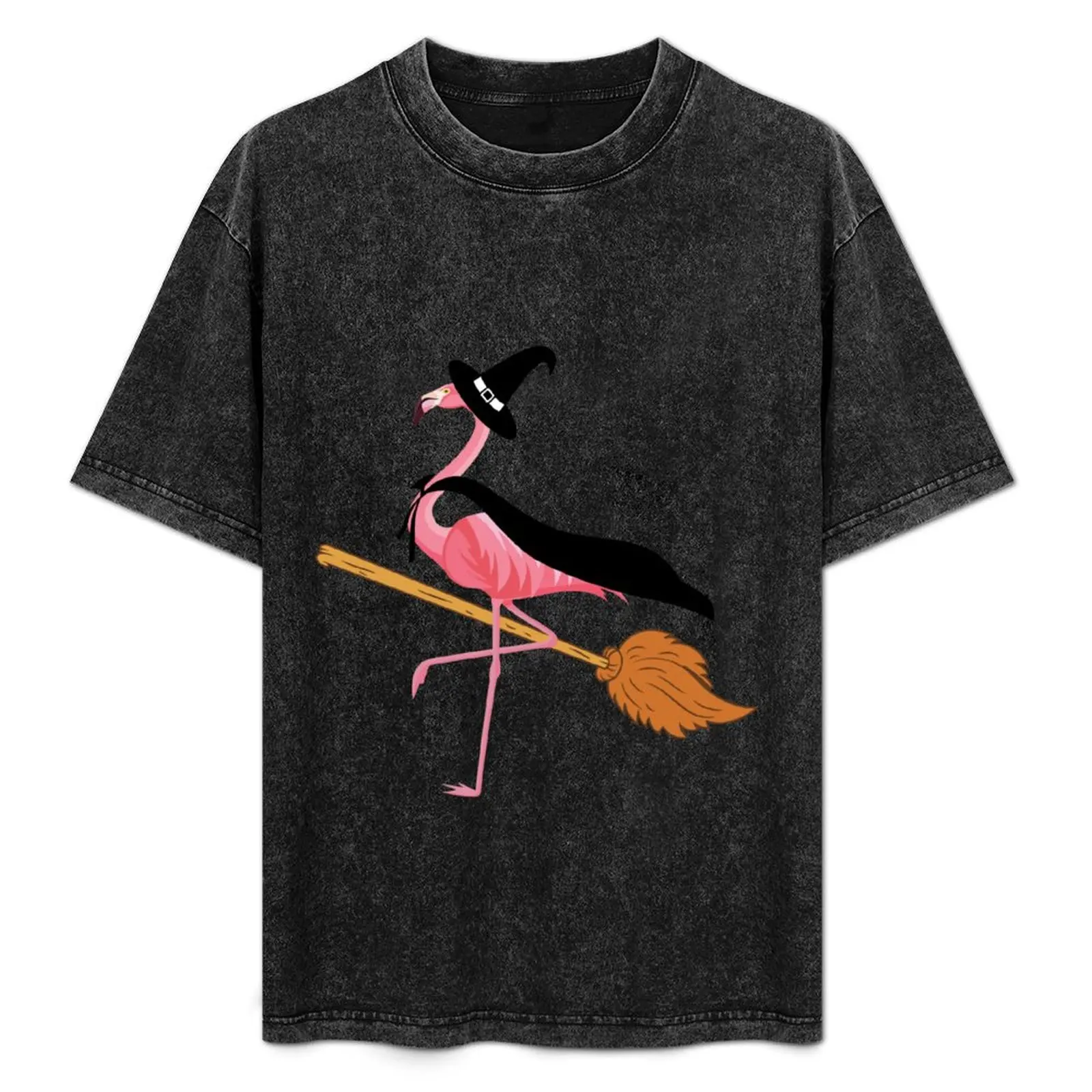 Camiseta divertida de Halloween con diseño de flamenco y escoba de bruja, ropa de trabajo, camiseta sencilla