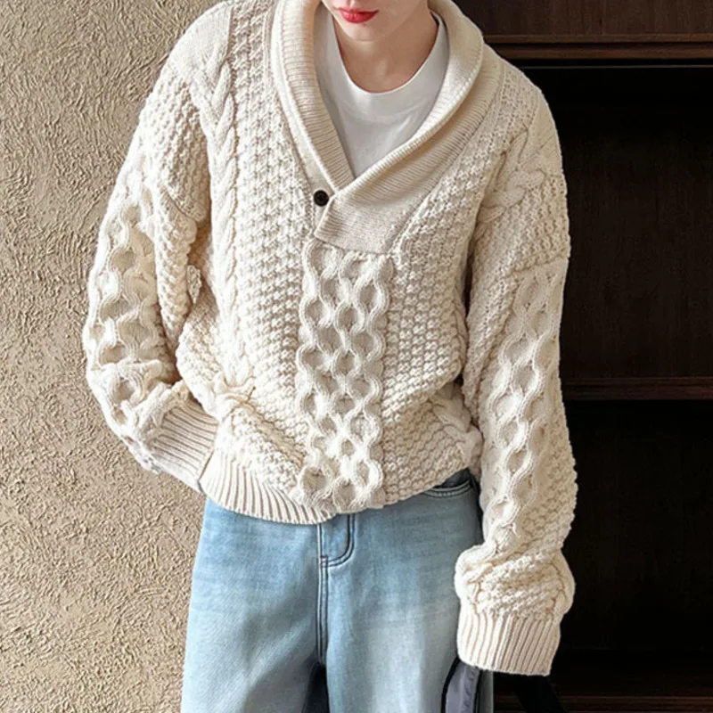 DEAT Fashion Fried Dough Twists Knitted Pullover Women'sV-neck Loose Beige Long Sleeve Sweater Spring 2025 New Tide 7AB8034