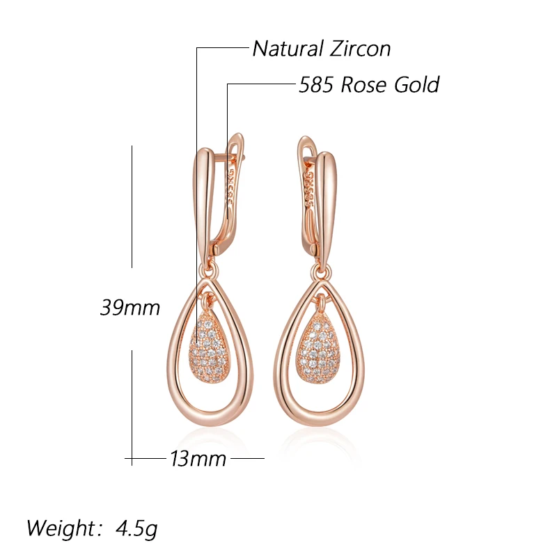 Kienl Hot Full Shiny Natural Zircon Drop Earring for Women 585 Rose Gold Color Unique Water Drop Crystal Daily Vintage Jewelry