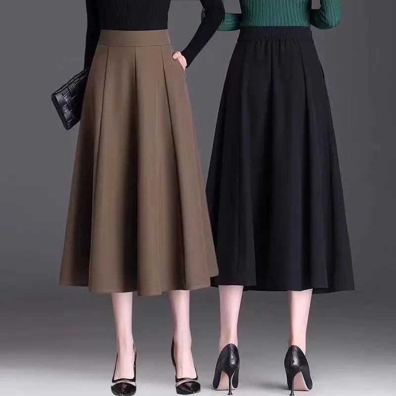 Elegant Long A-Line Skirt For Women High Waist Slimming Mid Length Commuting Solid Minimalist Skirt With Pockets Women Dress