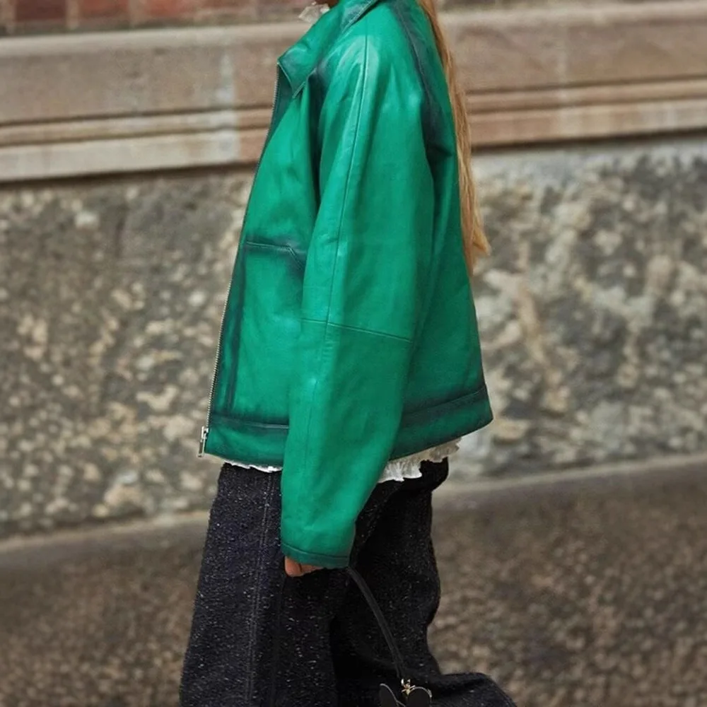 Street Sle a Jaet Zipper Collar Cross-Border Frühling Autumn Faion Damen Ledermantel Long Sve Trendy Person