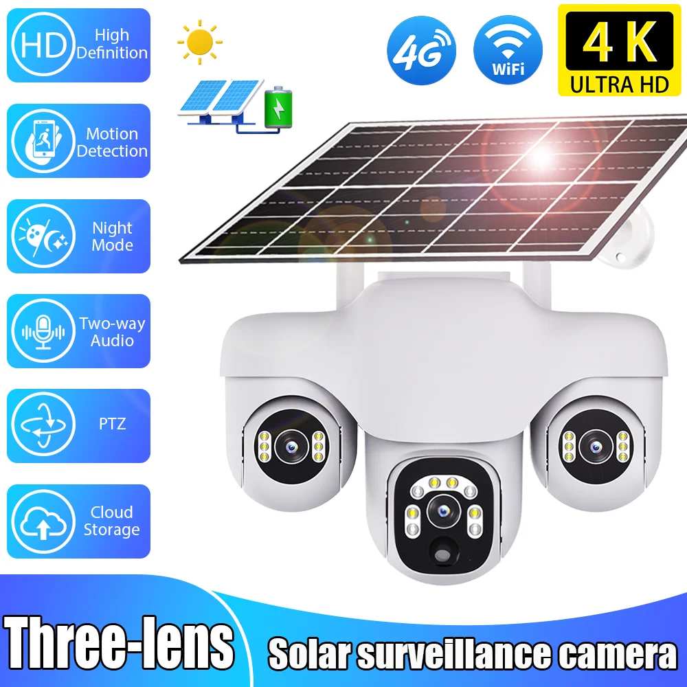 

12MP Solar Power HD Three Lens Security Camera Wireless 4G WiFi CCTV Wireless Security Camera Indoors Outdoors PTZ 4K Camera