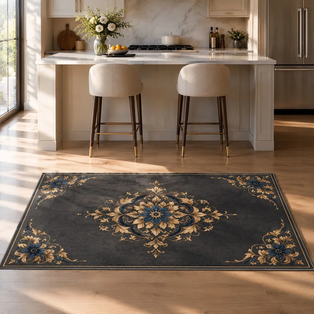 VIKAMA Floor Mat Charcoal Grey Gold Line Symmetrical Bloom Foldable Reading Nook Walk In Closet Bathroom Hallway Room Decor