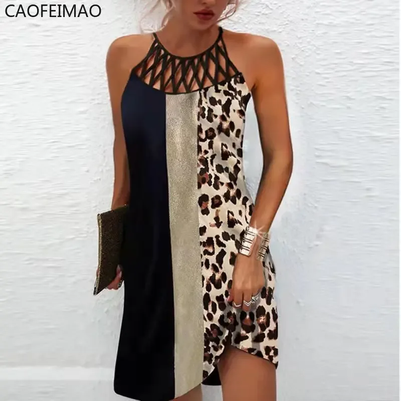 

Women Sexy Dress 2023 Summer Fashion Hollow Sleeveless Print Beach Mini Dresses Female Vintage Elegant Boho Party Dress Vestido