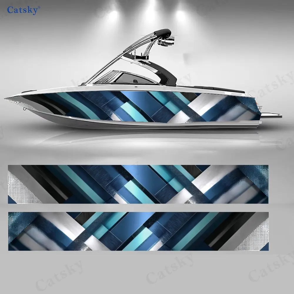 2Pcs Blue & Silver Metallic Diagonal Boat Sticker, PVC Waterproof Vinyl Wrap Decals for Fishing Boat, Durable and Stylish Design