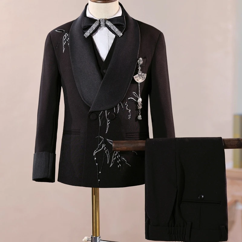 Boys Black Suit Three Piece Set Performance Gown Host Formal Wear Choir Stage Costume Birthday Party Evening Celebration Clothes