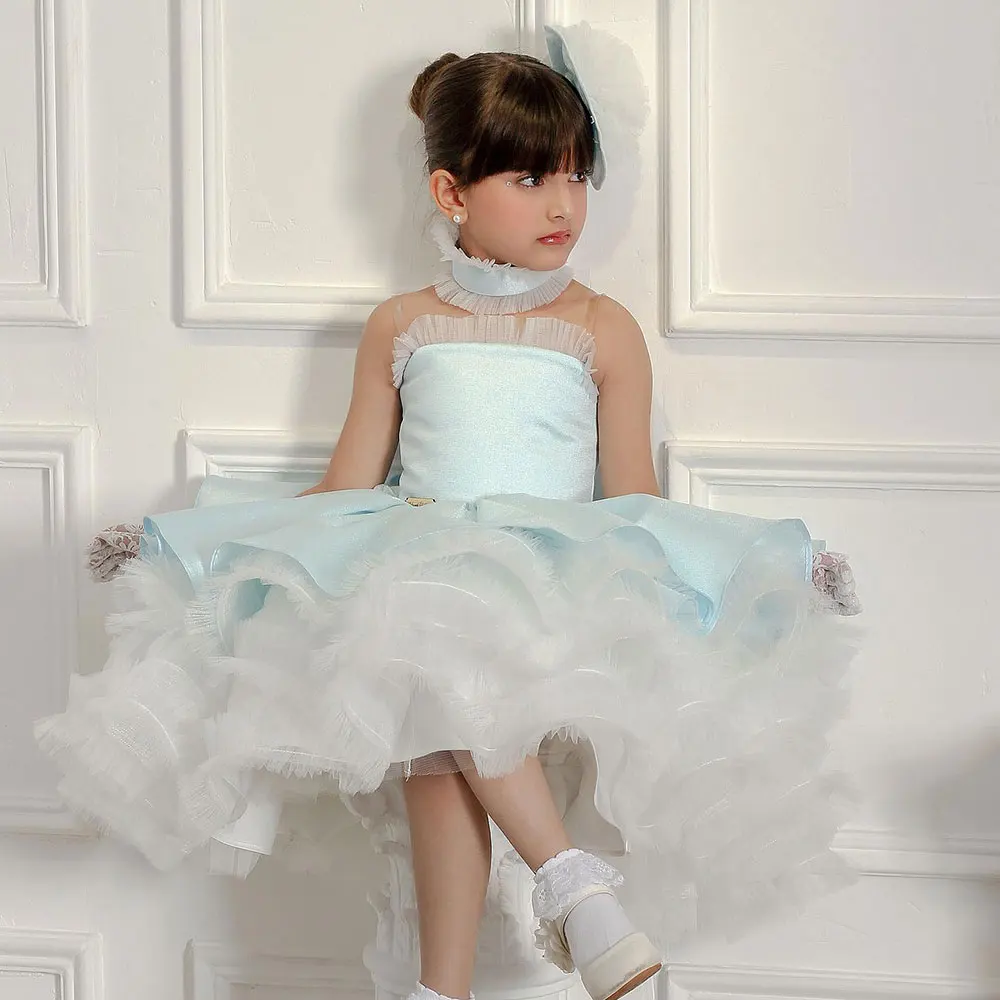 Robes de demoiselle d'honneur gonflées en satin bleu, robe élégante en tulle, longueur au genou, fête d'anniversaire pour enfants, robe de Rh, boule, quoi que ce soit, 2024