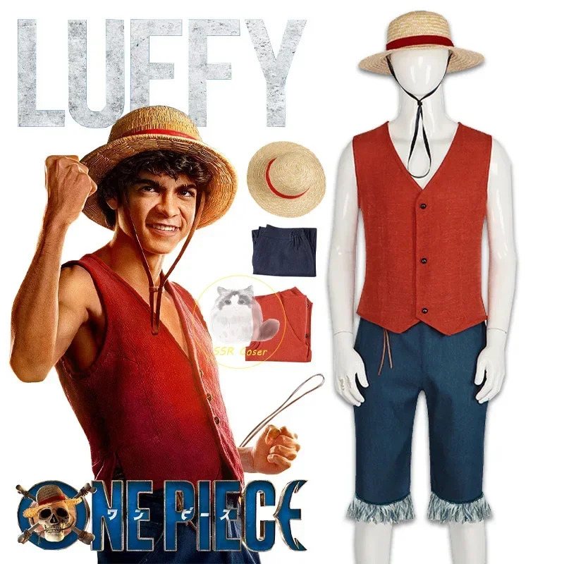 Disfraz de Cosplay de película de Luffy para hombres y mujeres, camisa, pantalones, sombrero, traje de fiesta de Halloween, Anime, Monkey D