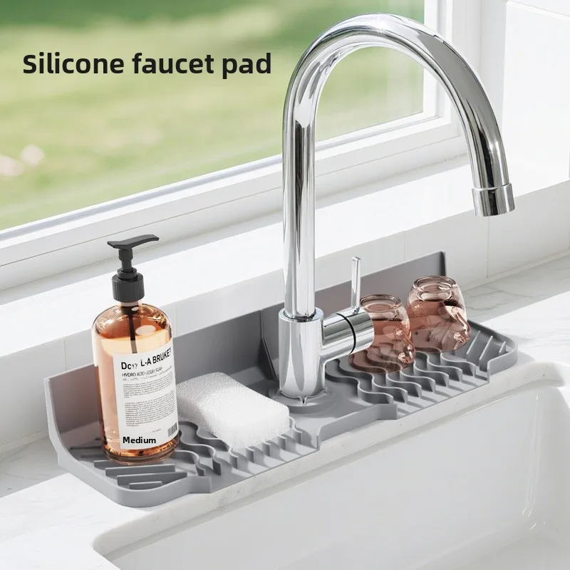 

Silicone Faucet Drip Tray - Sink Splash Guard with Soap Drying Rack for Bathroom Vanity and Countertop Organization
