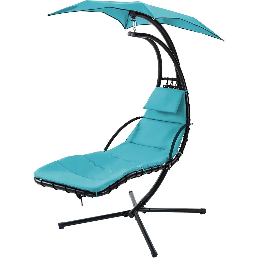 

Blue Outdoor Hanging Curved Chaise Lounge with Removable Pillow and Stand, Ideal for Patio, Porch, or Poolside