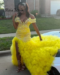 Yellow Off The Shoulder Aso Ebi Tulle Ruched Train Evening Dresses African Wed Dress Appliques African Bridal Dress Customized