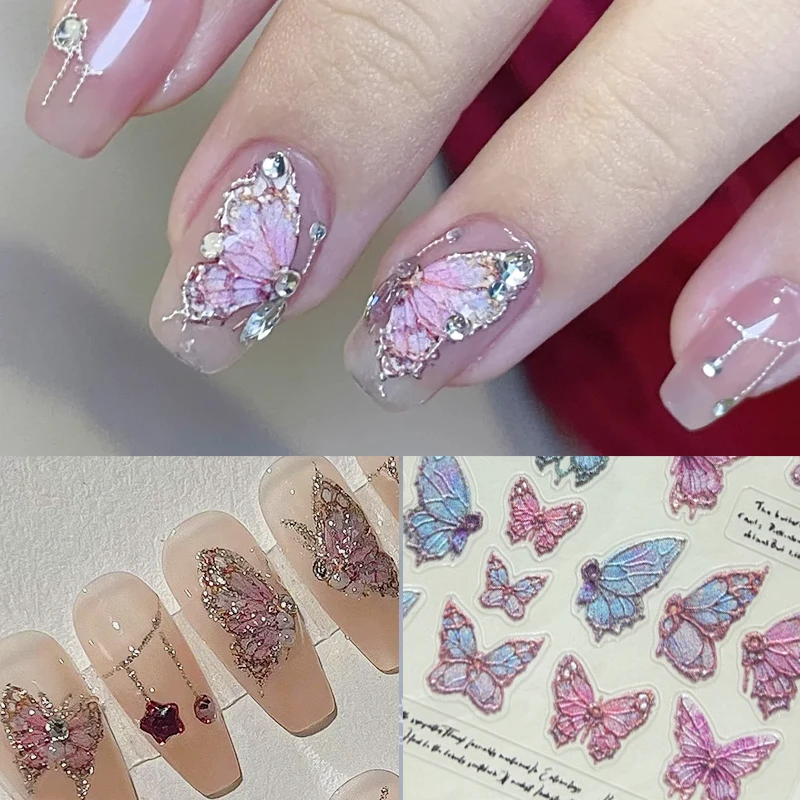 Fashion Dazzling Colors Flash Fragment Shell Light Butterfly High Quality Nail Stickers Spring Nail Art Decal Design Manicure