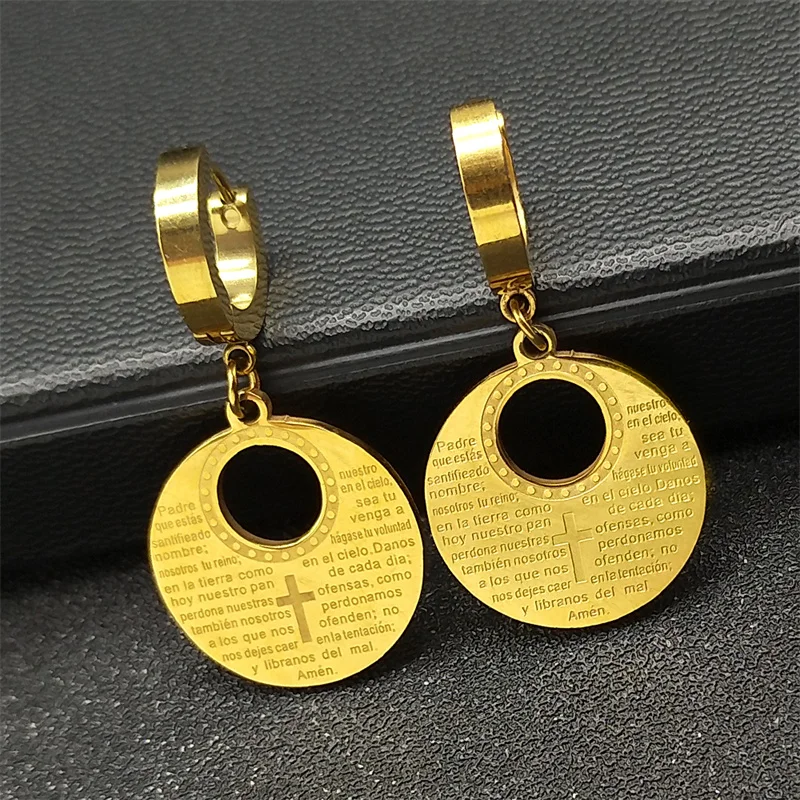 

Bible Verse Cross Drop Earrings for Women Men Stainless Steel Spanish Our Father Medal Lord's Prayer Dangle Earring Jewelry
