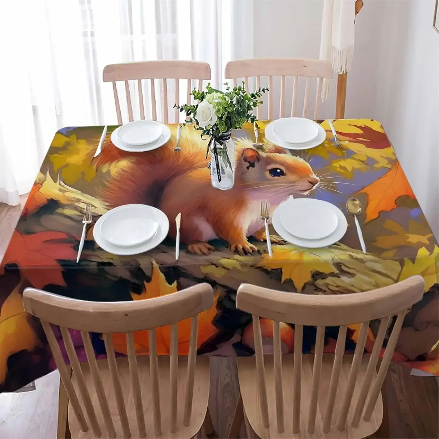 Table Decor Autumn Harvest Fall Squirrel Maple Leaf Waterproof Tablecloth Kitchen Dining Tablecloth Holiday Party Decor