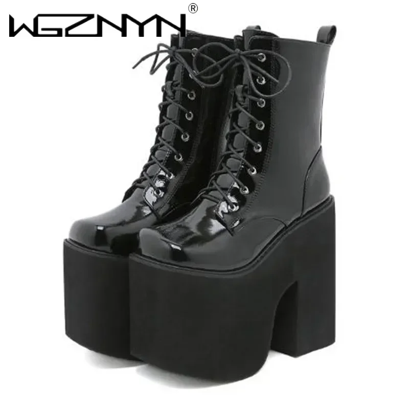 

2026 High Platform Boots Women Goth Punk Chunky Heels Catwalk Combat Boots Lace Up Daughter Patent Booties Botas Mujer Plus Size