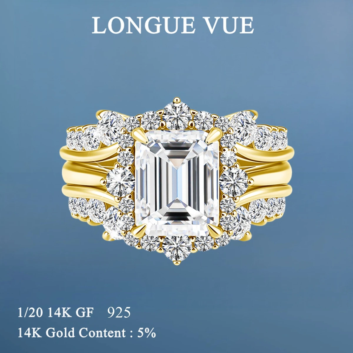New Luxury High End Emerald Cut Moissanite Women's Ring 14K Gold Filled Bridal Jewelry Noble Retro Style Wedding Ring Set