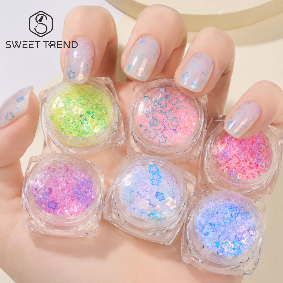 6pcs Candy Color Hollow Star Nail Sequins Holographic Macaron Starburst Shape Glitter Sweet Iridescent Sparkly Japanese Manicure