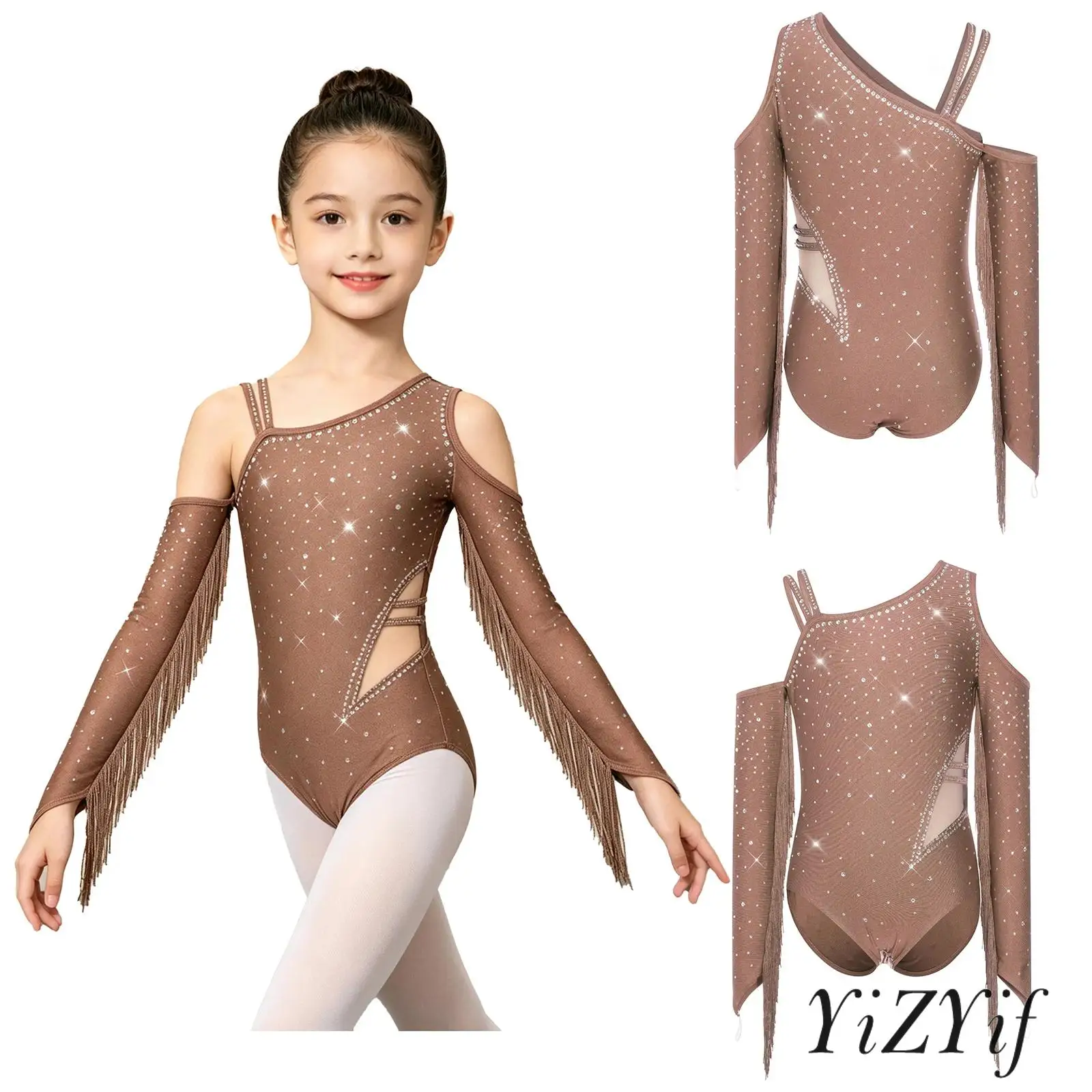 

Kids Girl Long Sleeve Shining Rhinestones Latin Leotard Elegant Salsa Tango Rumba Dance Outfit Jumpsuit Figure Skating Dancewear