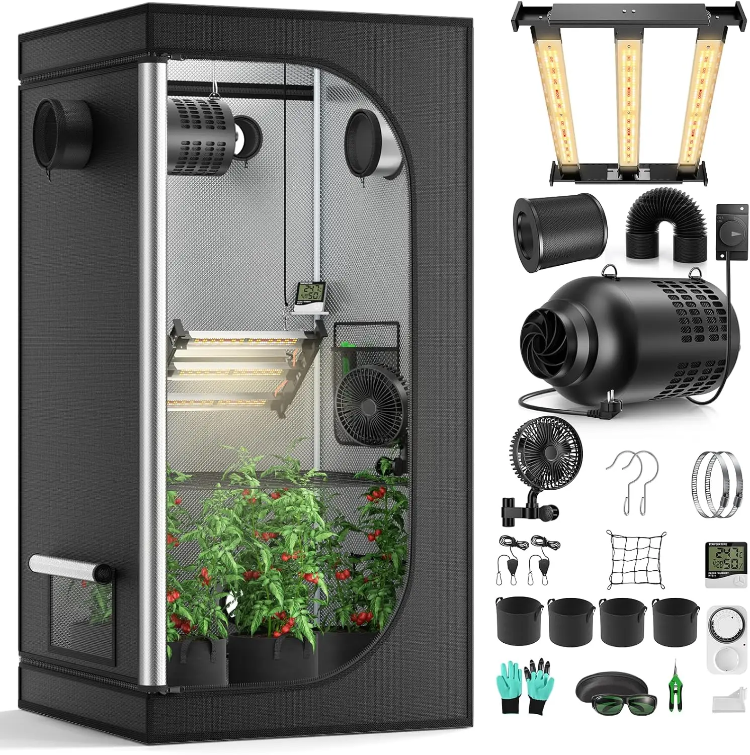 Image of 31,5*31,5*63 Zoll Neues Growbox-Komplettset: Zelt mit dimmbaren LED-Pflanzenlampen, verstellbarem Clip-Ventilator und Aktivkohle-Luftfilter-Set