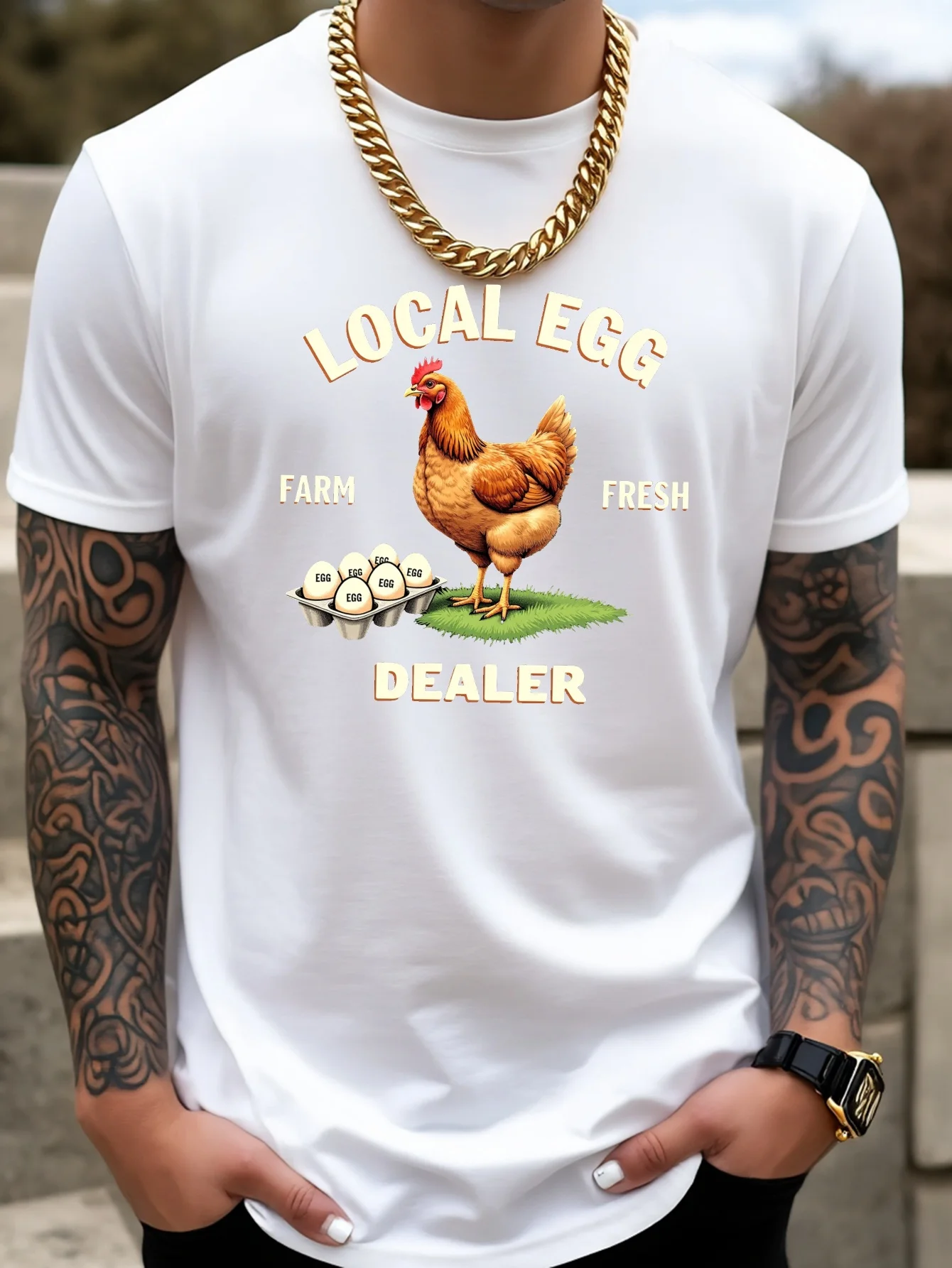 Men Cotton Tee Farm Chicken Egg Dealer Graphic Short Sleeve Crew Neck Casual Street T Shirt For Farm Lovers Summer Daily Tops