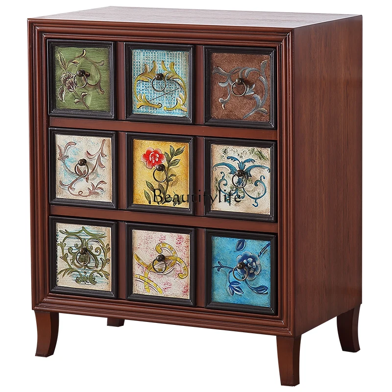 

American Painted Chest of Drawers Living Room Wood Foot Storage Organizer Decorative Retro Entrance Cabinet