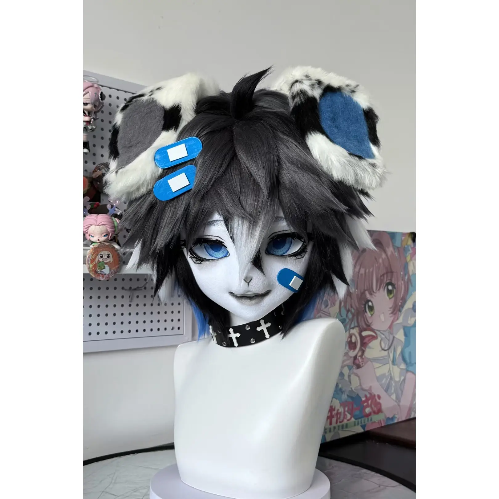 Cute Kig Headgear Fursuit Head Mask Plush Long Bunny Ears Blue Check Bow Headdress For Cosplay Photoshoot Halloween Party - view 3