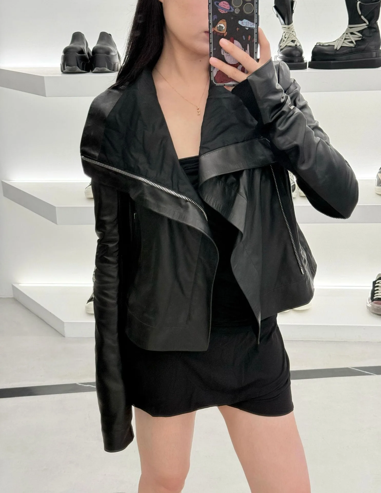 Dark Style Irregular Collar Waist-Cinching Deconstructed High Collar Motorcycle Jacket Slim Fit Short Length Leather Coat
