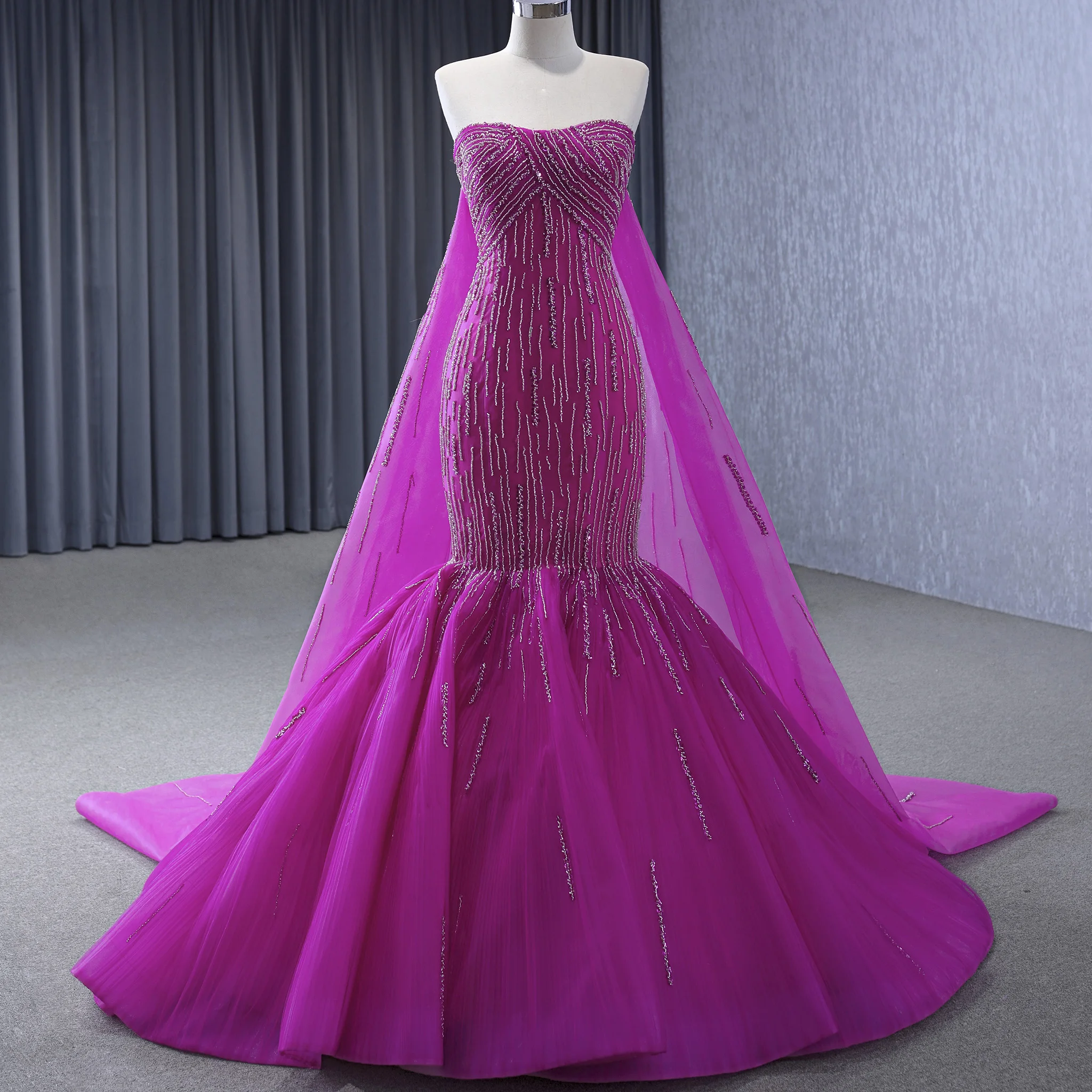 

Rosymae Высококачественное платье для выпускного вечера цвета фуксии с бисером Вечернее платье без бретелек с силуэтом трубы накидка сзади со шлейфом для торжественного мероприятия
