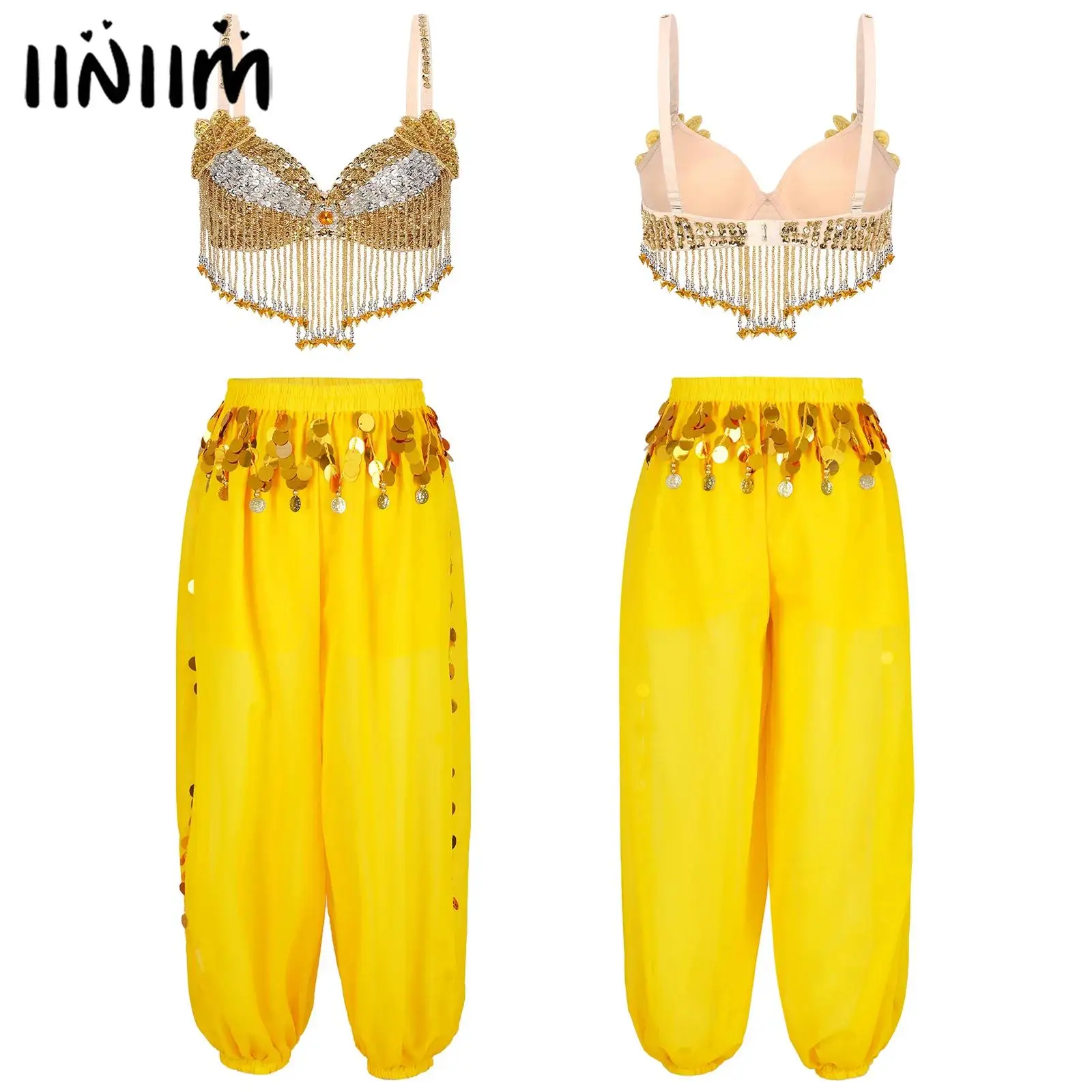 

Women Belly Dance Outfit Oriental Dancewear Halloween Theme Party Performance Sequins Bras Tops with Side Split Bloomers Pants
