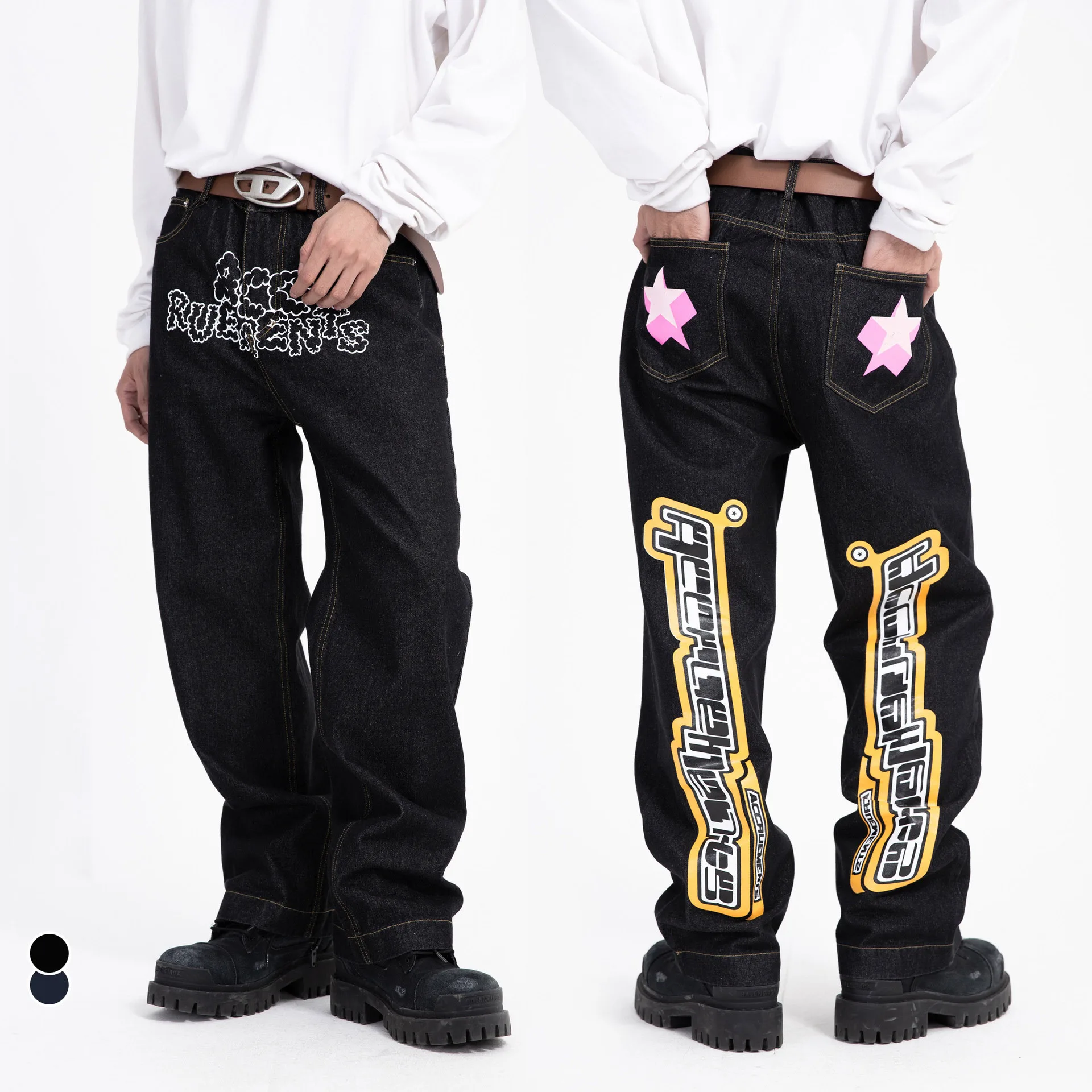 2023 street hipster printed high waist jeans male stars element original pants for men and women show thin trend